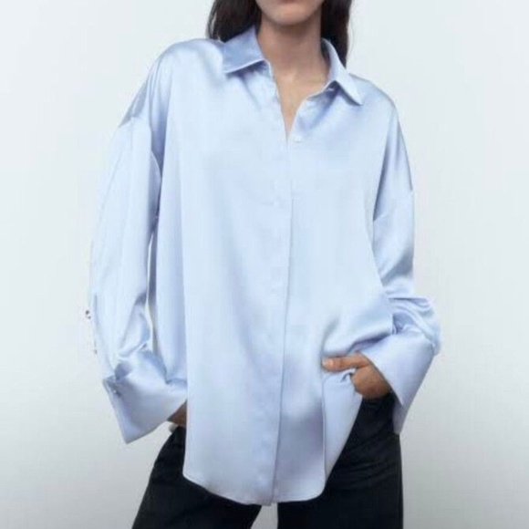 NEW WITH TAGS! ZARA SATIN POWDER BLUE DROP-SHOULDER SHIRT - Picture 2 of 4